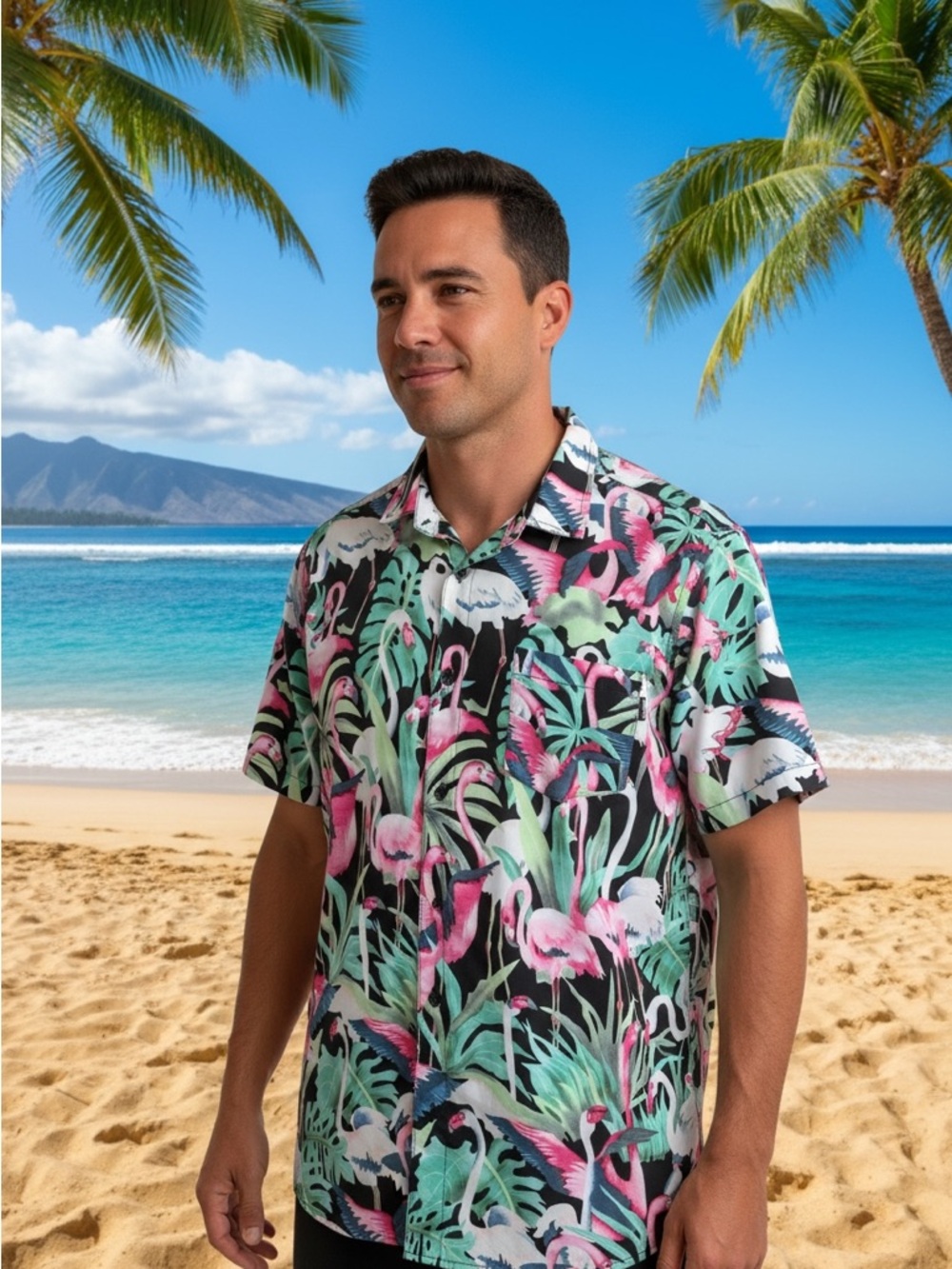 Molokai Men's Flamingo Print Short-Sleeve Button-Down Hawaiian Shirt Sz L Green